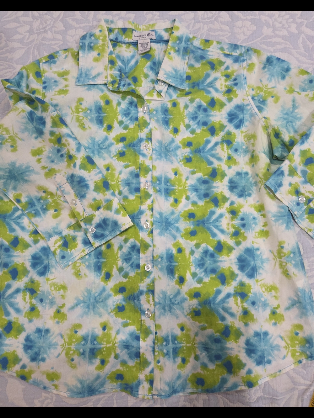Caribbean Joe Blue & Lime Green Tie-Dye Button-Up